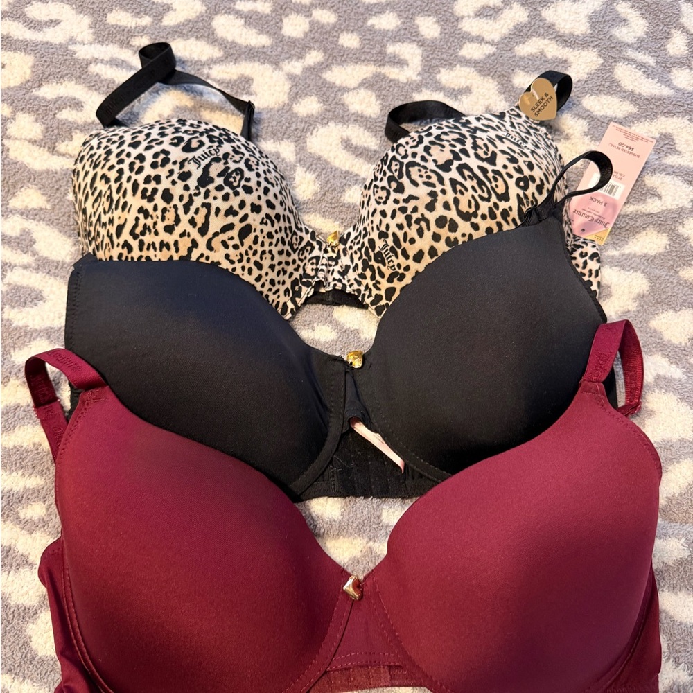Juicy Couture Leopard, Black, and Burgundy Bra Trio